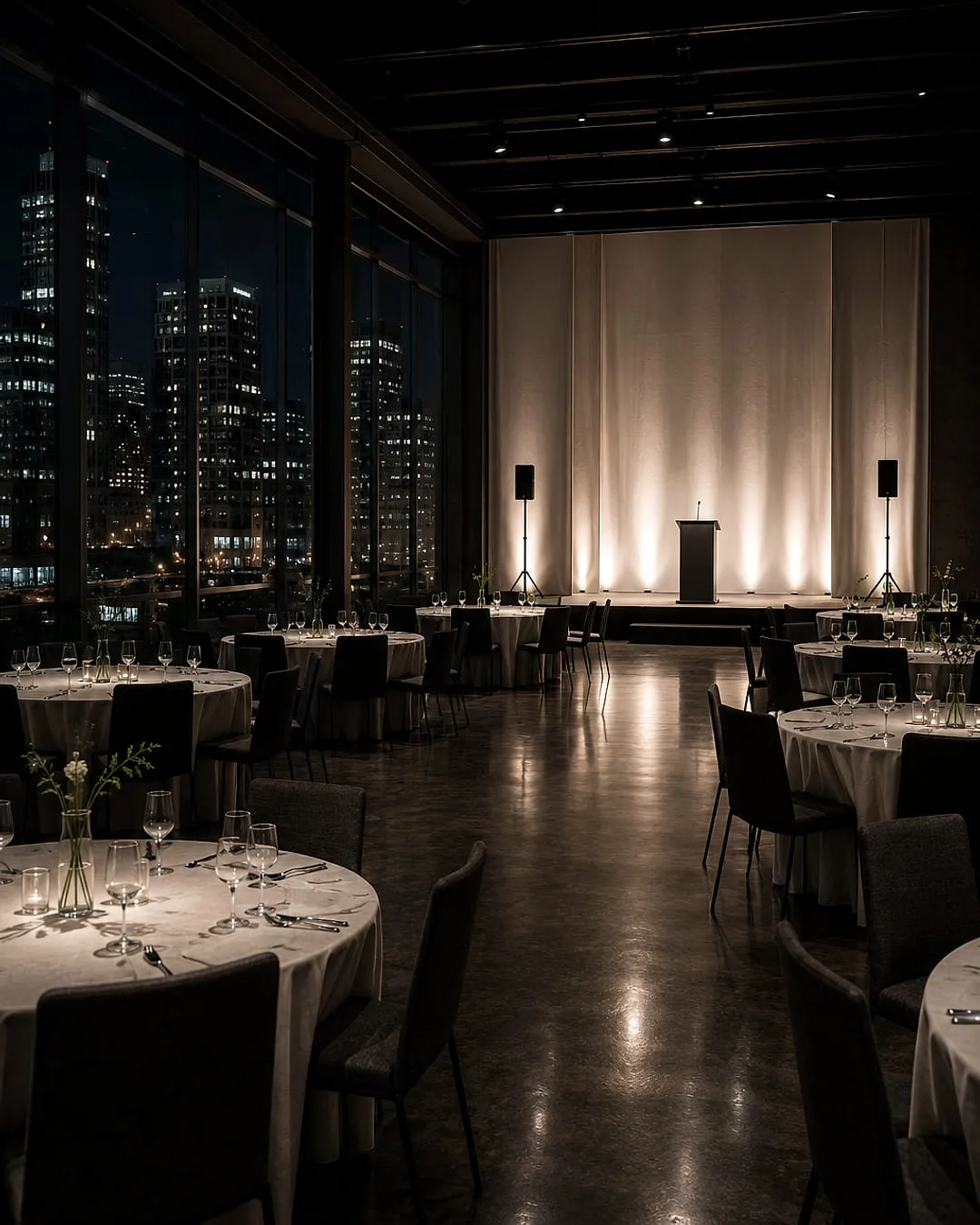 Banquet room set for a gala, uplit stage and lectern at the far end, city skyline through the glass
