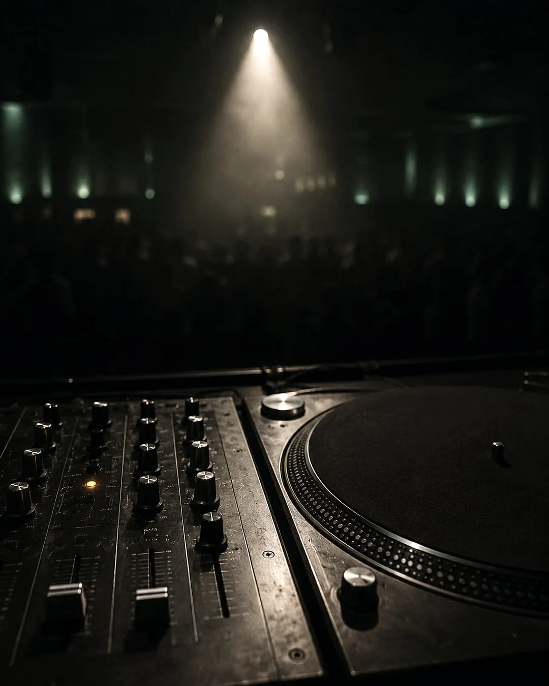 View across a DJ mixer and turntable to a hazy spotlit club crowd