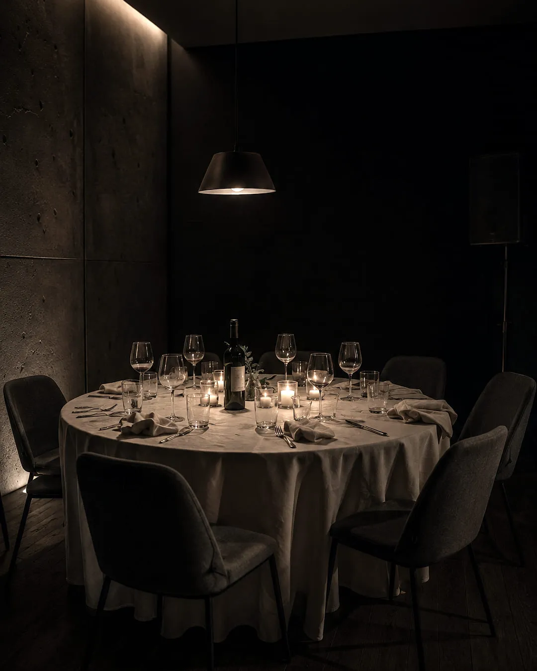A single candlelit dinner table under a low pendant lamp in a dark private room