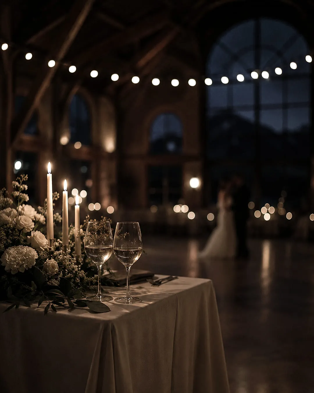 Candlelit reception table with white florals, a couple dancing beyond under string lights