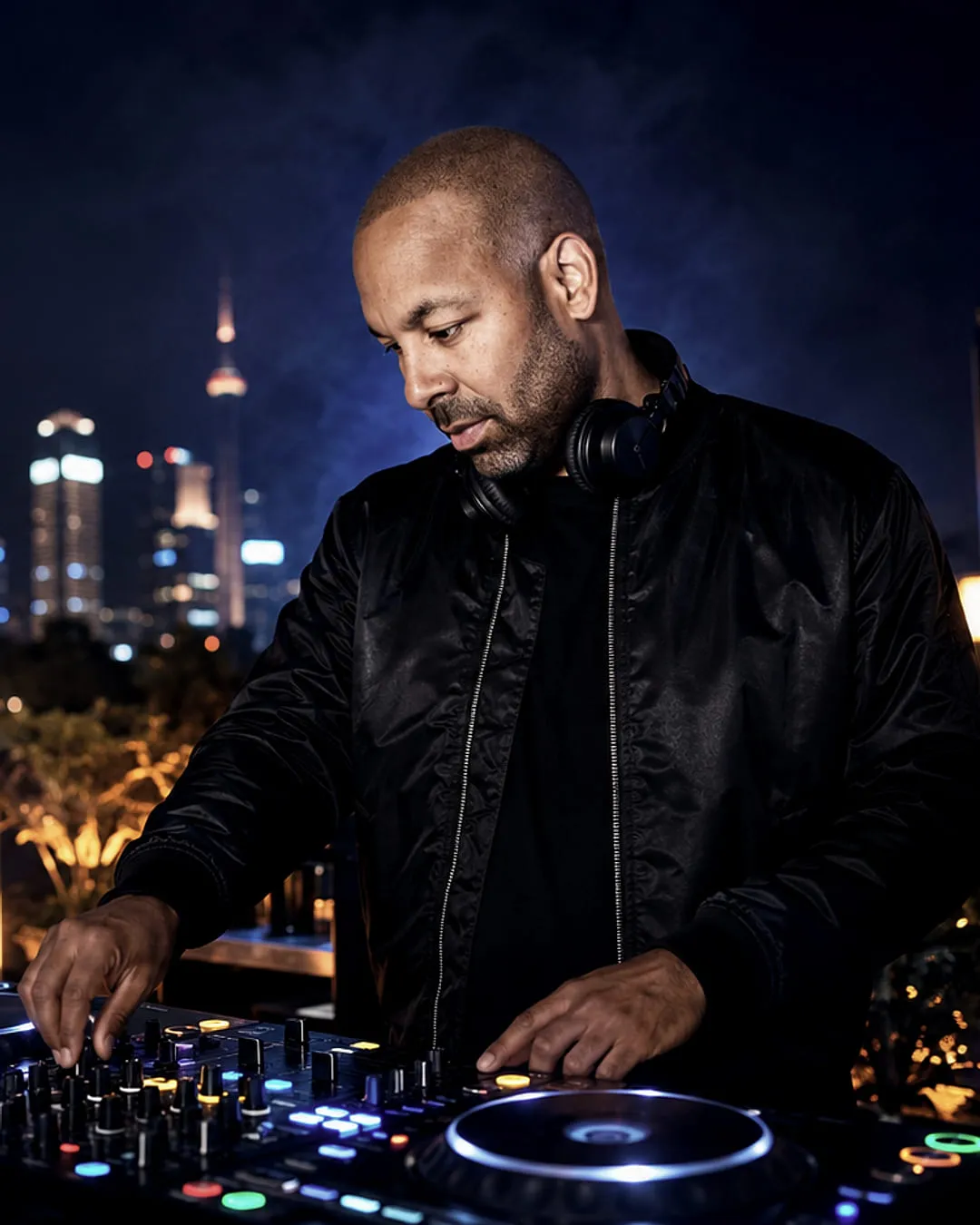 Mike Broomfield at the decks on a rooftop at night, city skyline lit up behind him and guests nearby