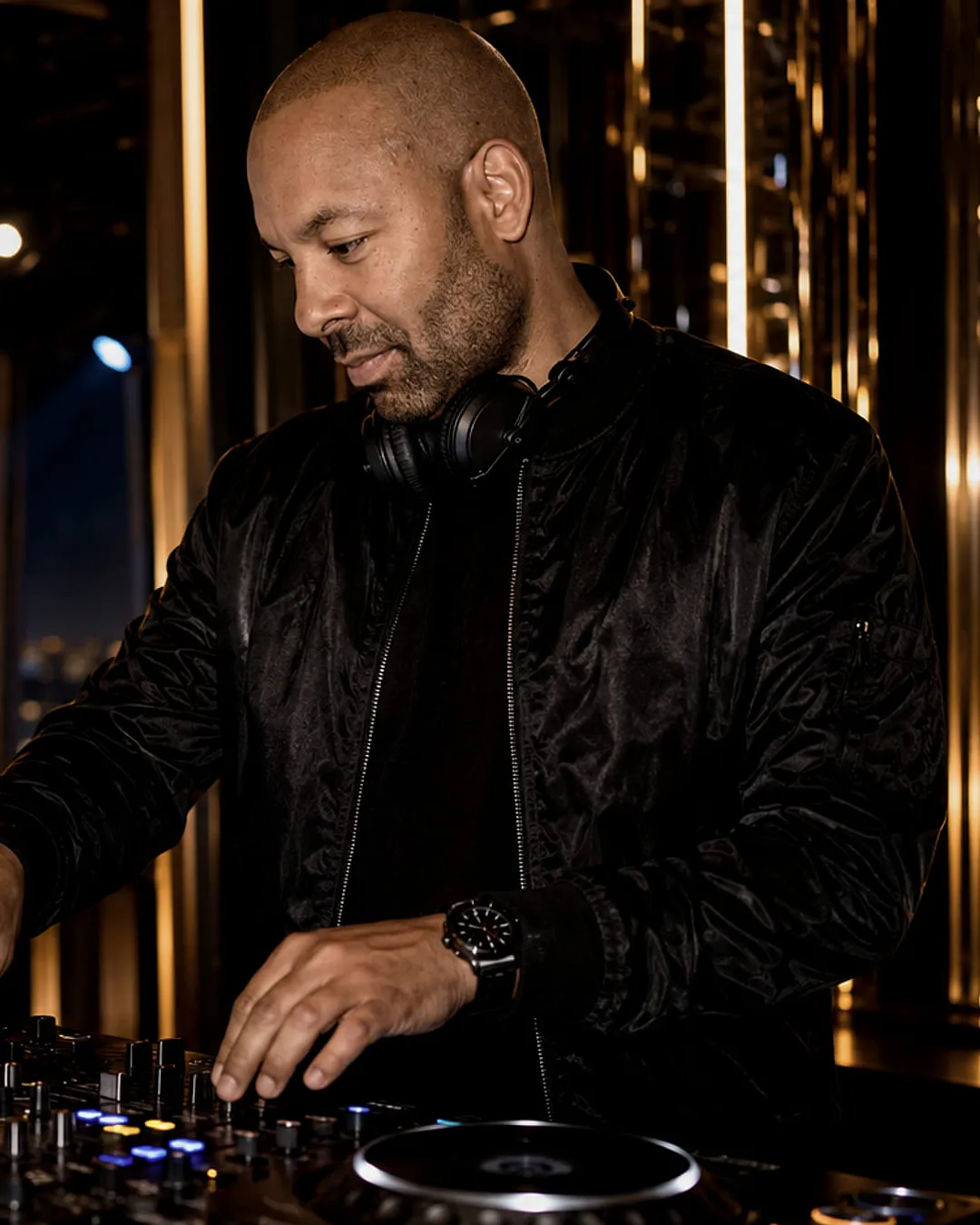 DJ Broom working the mixer in a dark club room, city lights through the glass behind him