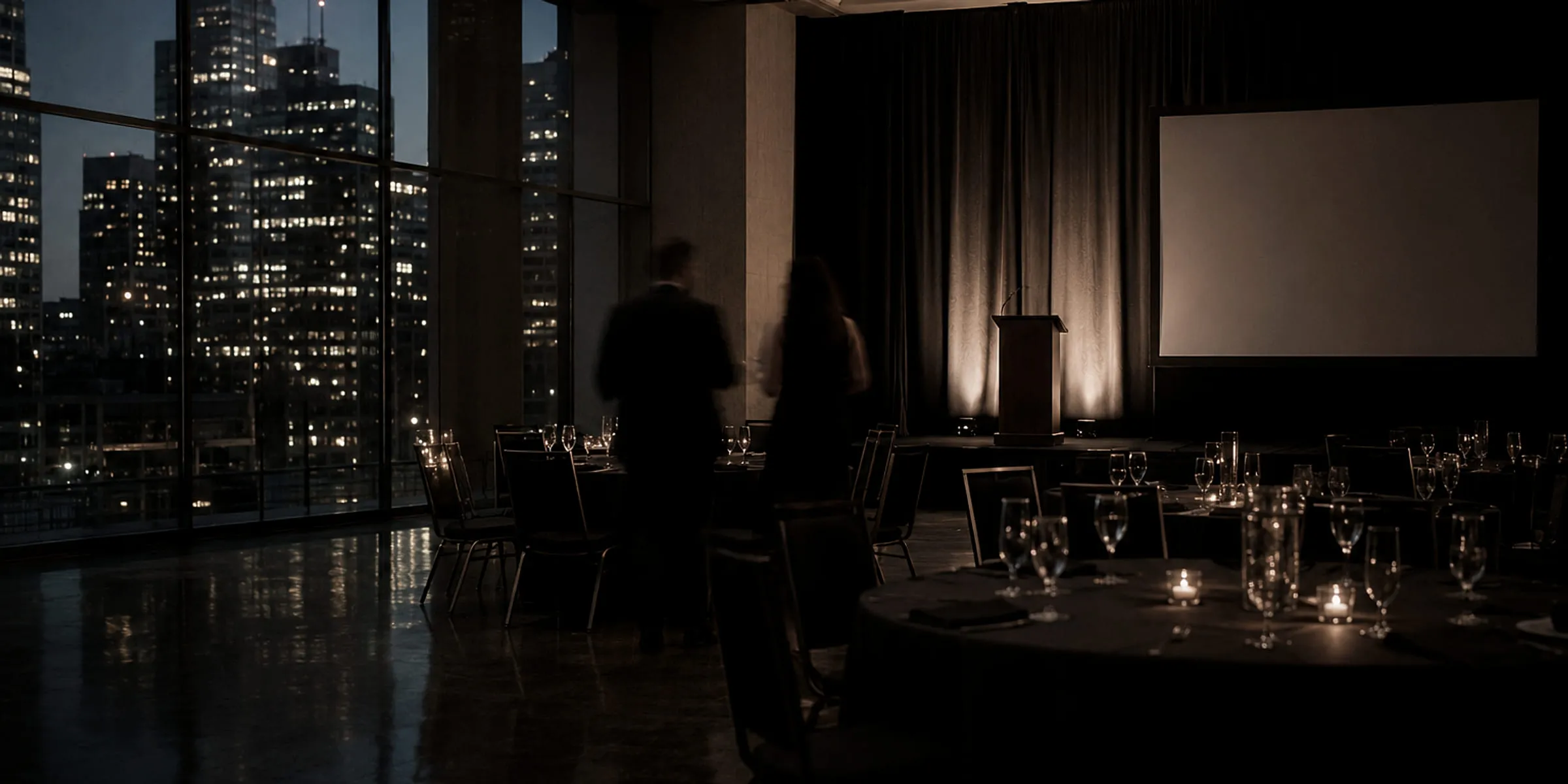 Ballroom set for a gala on a high floor, city towers lit beyond the window wall, an uplit lectern and screen at the far end, banquet rounds in the foreground