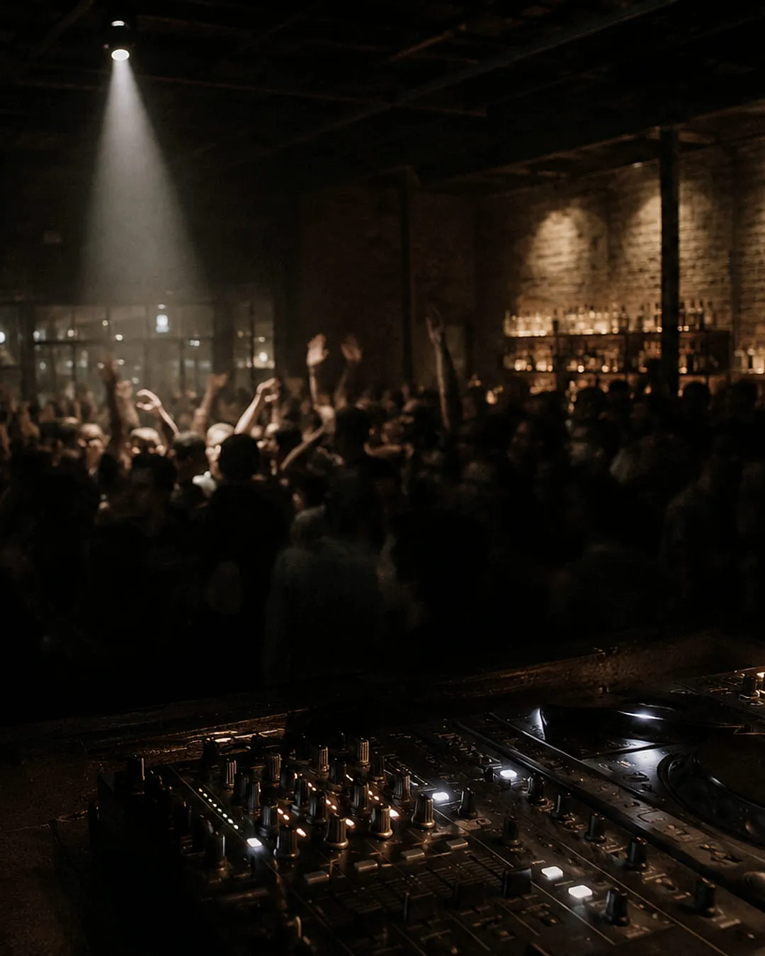View from the DJ booth across a mixer and CDJ to a crowd with hands raised under a single spotlight, backbar glowing along the far wall